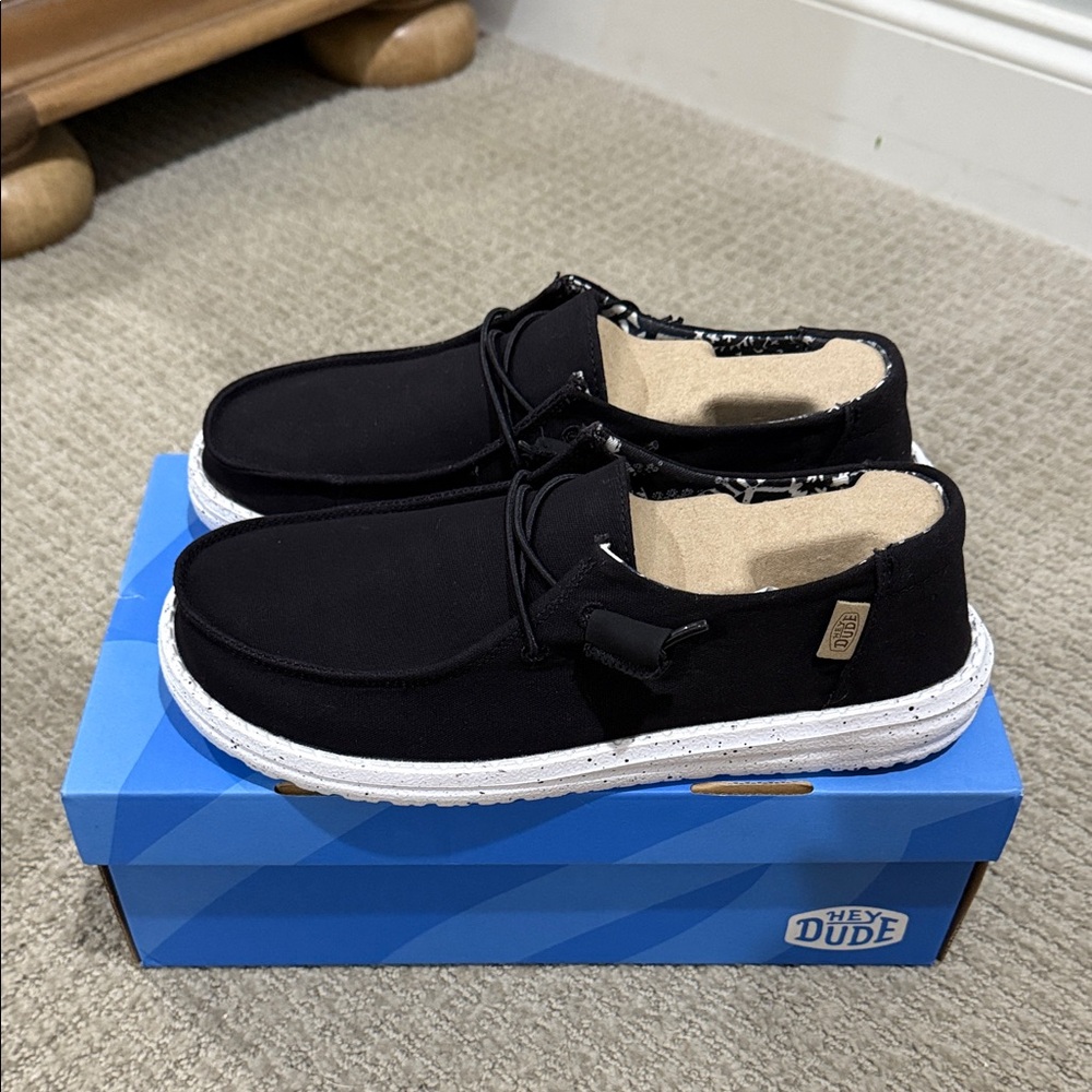 Brand new in box Hey Dude black size 8